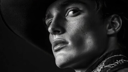 The image features a stylized portrait of a male model wearing a cowboy hat, exuding a mysterious yet fashionable western theme.
