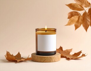 Burning candle in an amber glass jar sits on a wooden stand next to fallen autumn leaves on a soft light background.