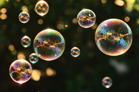 Numerous colorful soap bubbles float gently in the air, shimmering with a beautiful iridescent light against a dark, blurred natural background. - Powered by Adobe