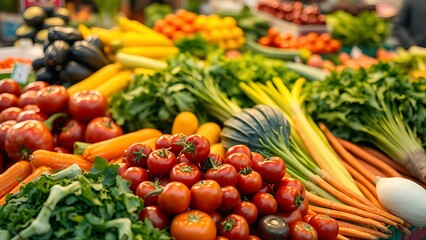 Vibrant fresh vegetables neatly arranged at a market stall, highlighting natural colors and textures.