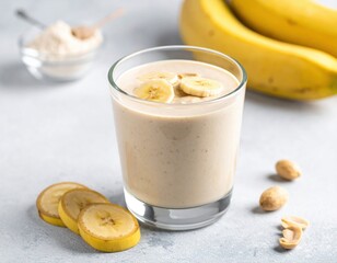 Creamy banana smoothie fills a clear glass, topped with round banana slices, beside whole ripe bananas, scattered peanuts, and powder for a nutritious drink.