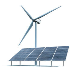 A wind turbine and solar panels against a solid backdrop on transparent background