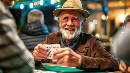 An older man wearing a straw hat, holding cards in his hand, smiling at a poker table where he is participating in a casual card game with friends. - Powered by Adobe