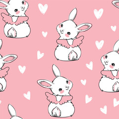 Obraz premium Seamless pattern with cute bunnies with decorative wings vector illustration