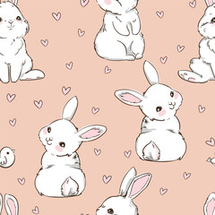 Hand Drawn Cute Bunny Pattern, print design rabbit background, children print textile design