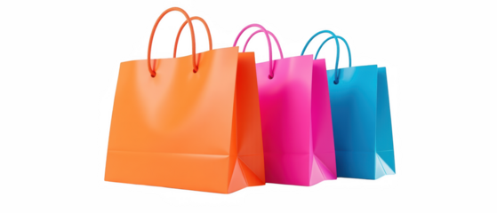 Colorful shopping bags in vibrant orange, pink, and blue arranged together, showcasing modern and stylish design. Perfect for retail and fashion