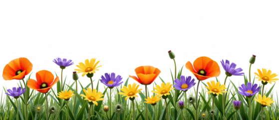 Colorful flowers in vibrant garden display, featuring orange poppies, yellow daisies, and purple blooms, creating cheerful atmosphere