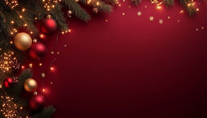 Minimal luxury Christmas background with red velvet texture, pine branches, gold and red ornaments, and copy space for product or text