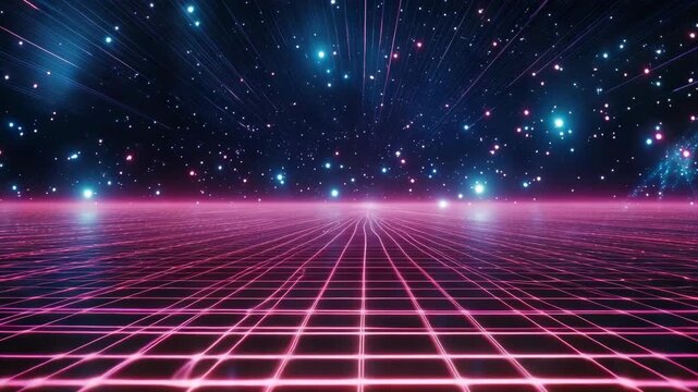 Glowing neon lights fill a digital game room with grid-like flooring, evoking a cyberpunk or retro arcade atmosphere.