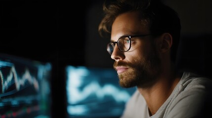 Man analyzing financial data on dual monitors