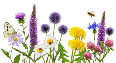Isolated Wildflower Meadow with Butterfly and Bee
