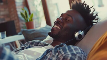 This man is enjoying a good laugh, listening to music with headphones. He's relaxed on a comfortable couch, smiling widely and savoring his enjoyable moment.