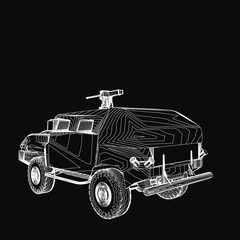 Fototapeta premium A detailed black and white contour drawing of a military SUV with four wheels, headlights, and armored features. The vehicle stands out against a solid black background for high contrast.