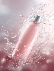 Pink cosmetic bottle bursts through water in studio. For marketing, web design, packaging. Clean, fresh, and luxurious feel.