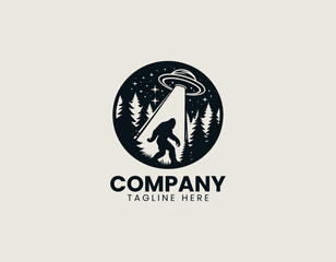 Mysterious Bigfoot UFO Abduction Forest Encounter Cryptid Vector Logo Design