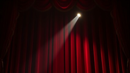Dramatic red velvet theater curtains with golden details, illuminated by a spotlight.