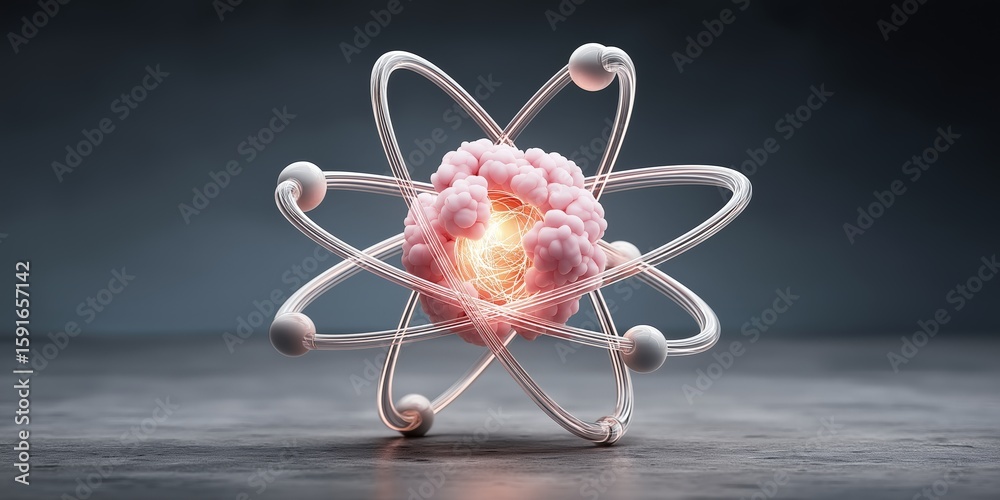 Wall mural quantum nuclear energy concept. 3d model of an atom with electron orbits and nucleus.