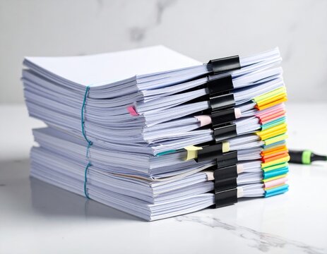 Stack of organized business documents with paper clips and binder clips