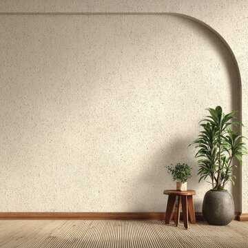 Minimalist interior scene with speckled beige wall, arched alcove, wooden stool, and potted plants on a wood floor
