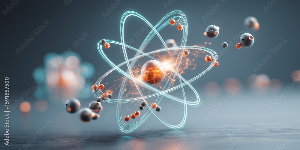 Wall mural quantum nuclear energy concept. 3d atomic model with particles in dynamic motion.