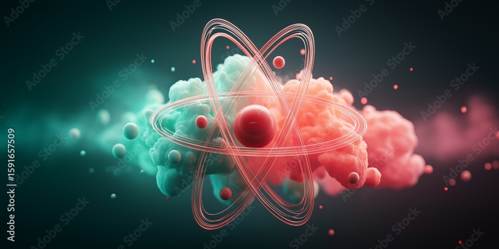 Wall mural quantum nuclear energy concept. abstract atomic design with colorful particles and clouds.