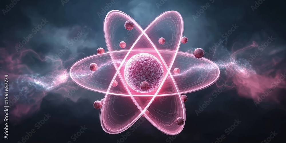 Wall mural quantum nuclear energy concept. abstract representation of an atom with glowing particles.