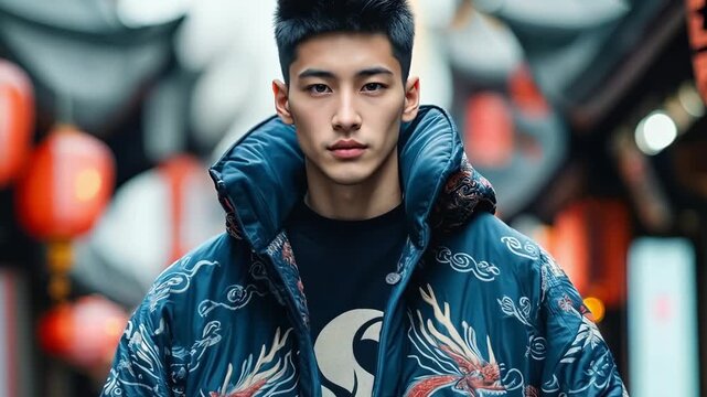 A young man wearing a blue jacket with a dragon design on it