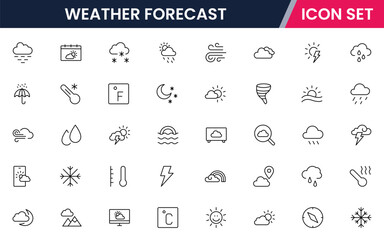 Weather Forecast vector web line icon collection, sleek illustrations of clouds, sun, thermometers, forecasts for clear, dynamic designs.
