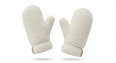 Cozy Winter Warmth: Pair of Cream Sherpa Mittens on White Background