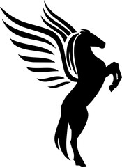 The image shows a flying winged horse in silhouette style, often symbolizing power, fantasy, and freedom.