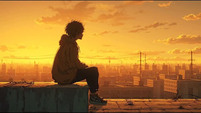 Lofi full-body side view of a teenage boy sitting alone on a rooftop at sunset. Animation lo-fi