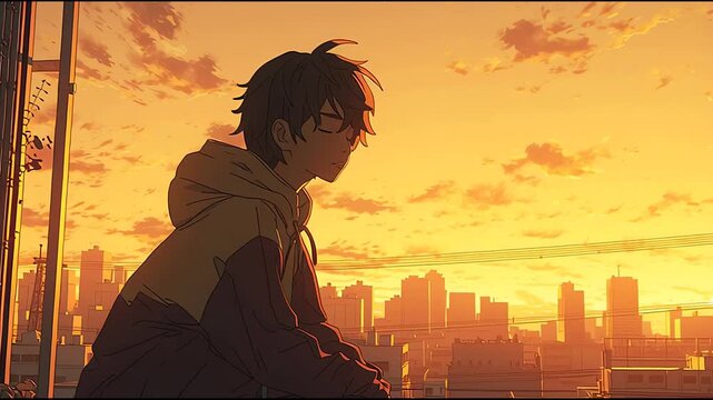 Lofi full-body side view of a teenage boy sitting alone on a rooftop at sunset. Animation lo-fi