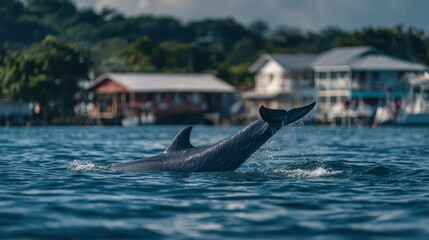 Fototapeta premium Dolphin leaping in water near village