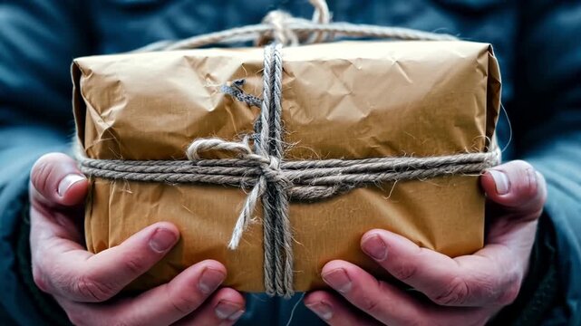A person holding a parcel wrapped in brown paper and tied with twine