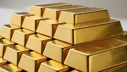 Stacks of shiny gold bars arranged in a pyramid formation, symbolizing wealth and prosperity.