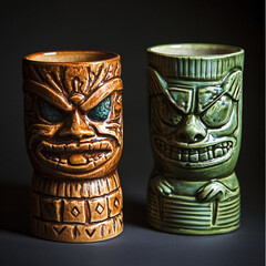 Tiki Mugs: Two Ceramic Hawaiian Cocktail Glasses Still Life