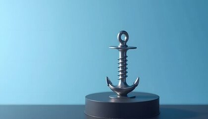 A shiny, metallic anchor statue stands on a dark circular base against a blue backdrop.