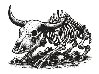 A detailed black and white vintage sketch of a standing buffalo skeleton surrounded by scattered skulls, ink engraving style.