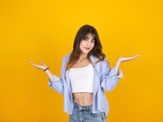 Sorry don't know, can't say concept idea image of young caucasian brunette cheerful cute 20s woman...