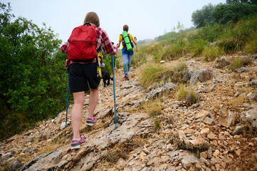 Hikers Exploring a Rocky Trail Amidst Scenic Mountain Landscapes