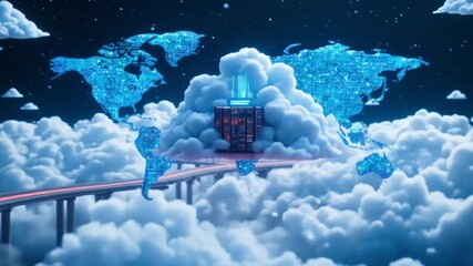 Cloud computing network with world map background and server in cloud and roads concept - Powered by Adobe