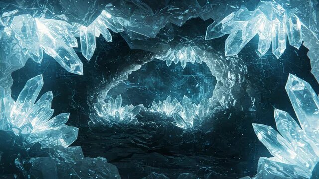 Icy Crystal Cave Formation with Sharp Edges and Blue Glow Underneath with Digital Defect
