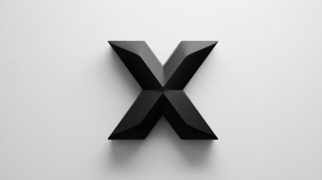 Crisp black geometric X symbol floating on pure white background with subtle shadow depth for minimalist branding elements and modern UI design kits