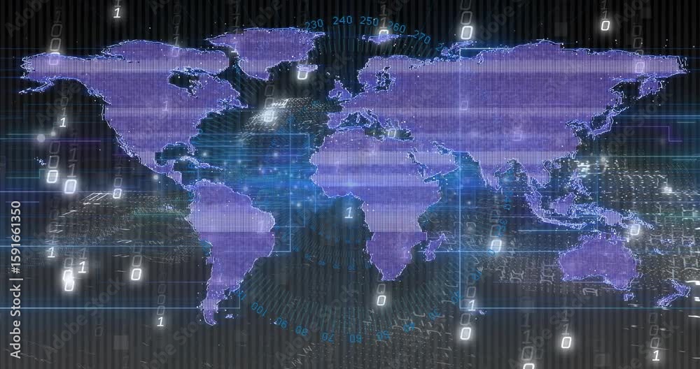 Poster Emerging binary digits initiating cascade fragmenting purple map drifting clouds representing flow