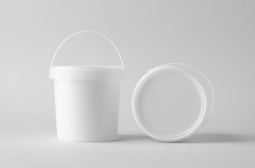 Plastic paint or food bucket tub container mockup on neutral background