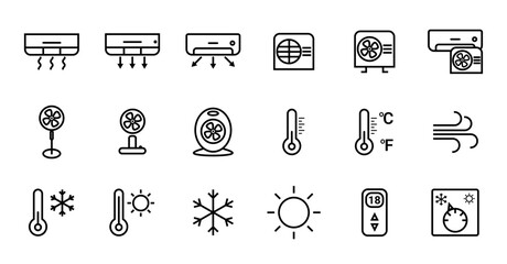 Air Conditioner and climate control icons. Temperature, fan, remote, heating cooling, thermostats, and airflow icons.
