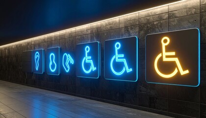Illuminating Inclusion: A series of luminous accessibility symbols on a textured wall, guiding and promoting universal design in public spaces.