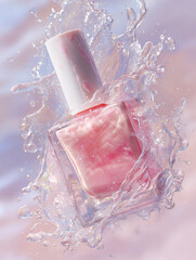 Pink nail polish bottle bursts through water in a splash, perfect for beauty marketing, cosmetic advertising, website banners, or editorial use.