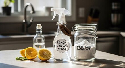 Homemade cleaning supplies displayed on a kitchen counter showing lemons, vinegar spray, and baking soda in glass containers