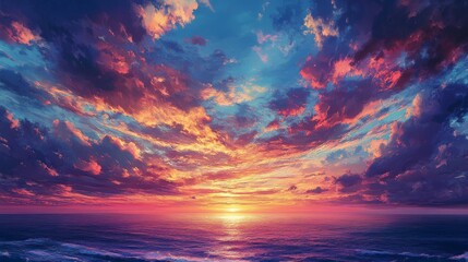 Fototapeta premium 60.A dramatic dusk sky over the ocean, with the sun dipping below the horizon and scattering vibrant colors across the heavens, creating a mesmerizing summer landscape.